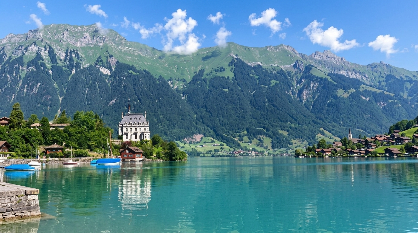 Lago Oeschinensee com montanhas alpinas na Suíça