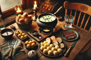 DALL·E 2024-11-22 12.51.48 - An intimate and cozy close-up photograph of a rustic wooden table set for a Swiss meal. The table features a small bubbling pot of cheese fondue with